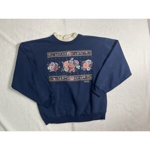 Vintage Morning Sun Pullover Sweatshirt Navy Blue Floral Embroidered Women's M